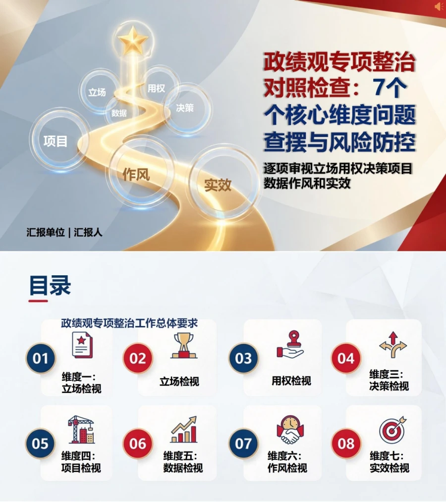 政绩观检视七个方面PPT：逐项审视立场用权决策项目数据作风和实效｜课件+讲稿封面图1