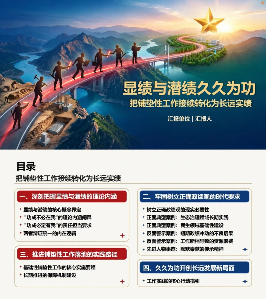 显绩与潜绩久久为功PPT：把铺垫性工作接续转化为长远实绩｜课件+讲稿封面图1