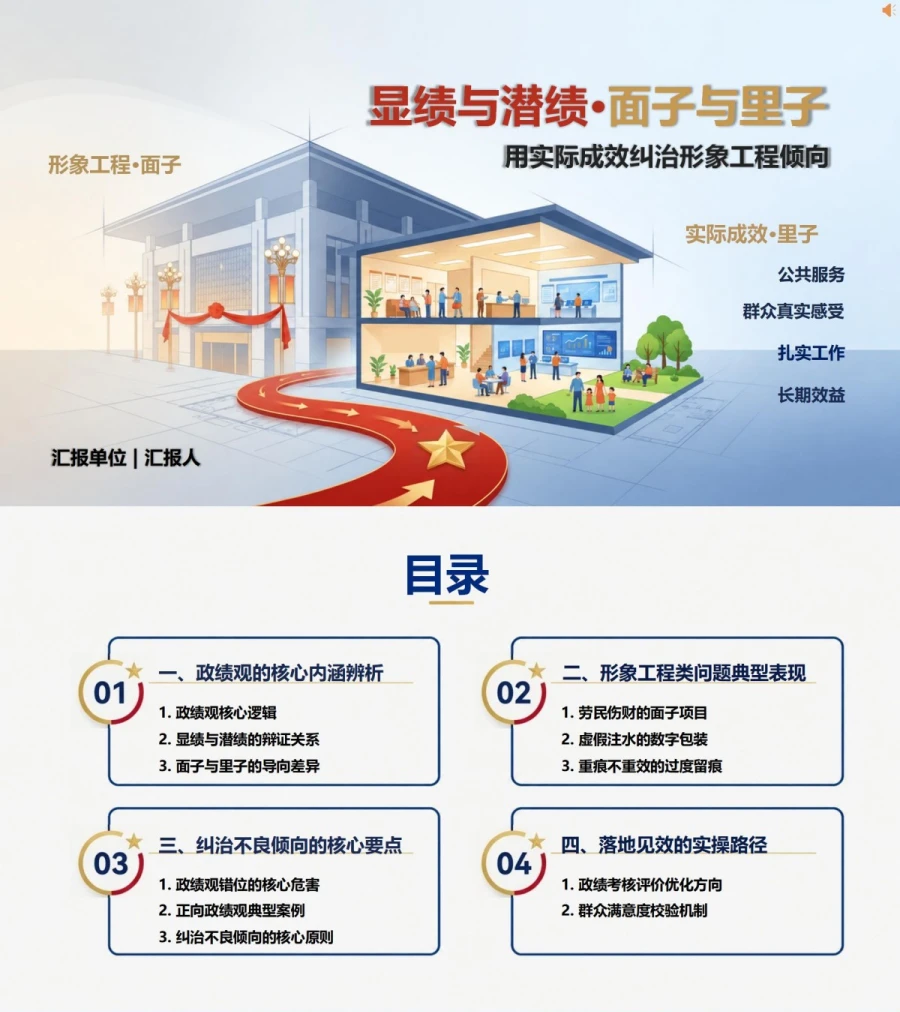 显绩与潜绩面子与里子PPT：用实际成效纠治形象工程倾向｜课件+讲稿封面图1