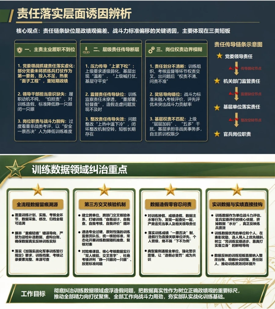 部队政绩观存在的问题PPT：训练考核虚化与战斗力标准偏移的纠治重点｜课件+讲稿内容预览1