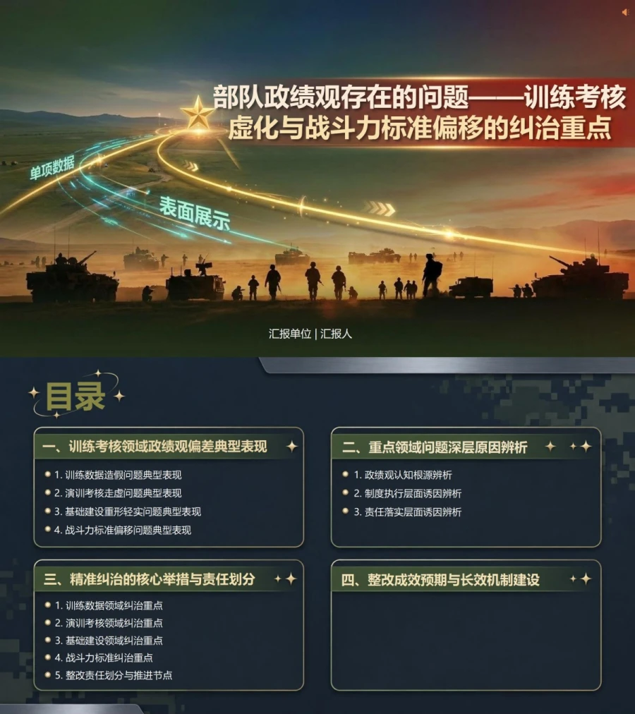 部队政绩观存在的问题PPT：训练考核虚化与战斗力标准偏移的纠治重点｜课件+讲稿封面图1
