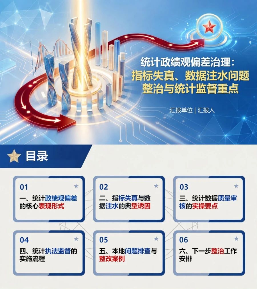 统计政绩观偏差PPT：指标失真数据注水与统计监督的治理重点｜课件+讲稿封面图1