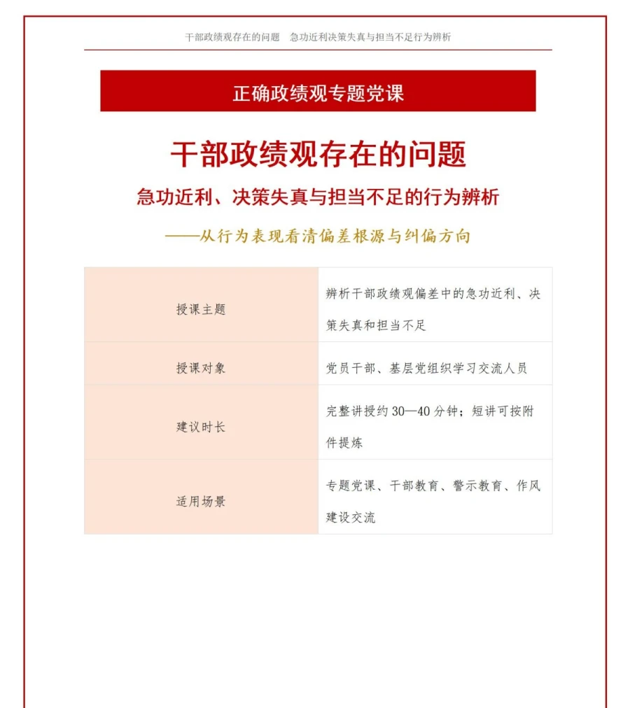 干部政绩观存在的问题PPT：急功近利决策失真与担当不足的行为辨析｜课件+讲稿讲稿预览1