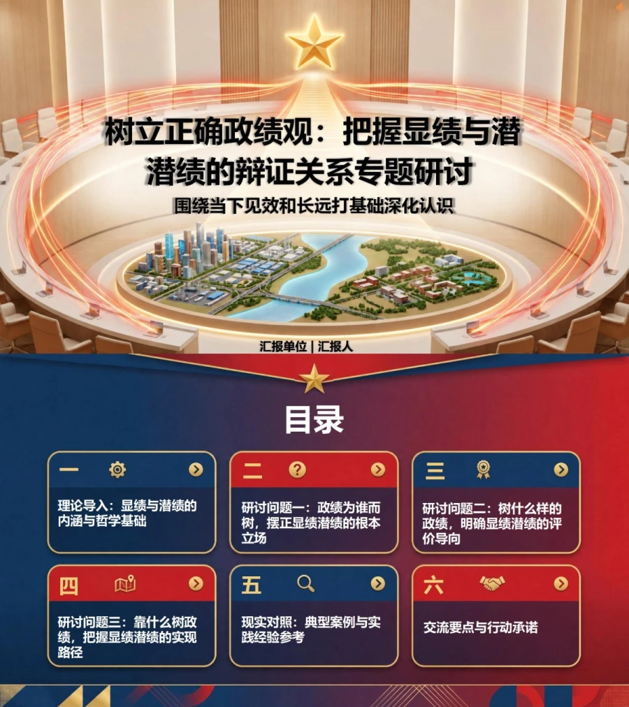 显绩与潜绩专题研讨PPT：围绕当下见效和长远打基础深化认识｜课件+讲稿封面图1
