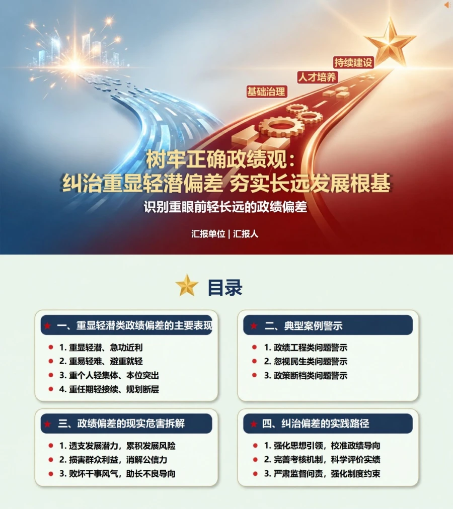 显绩与潜绩存在问题PPT：识别重眼前轻长远的政绩偏差｜课件+讲稿封面图1