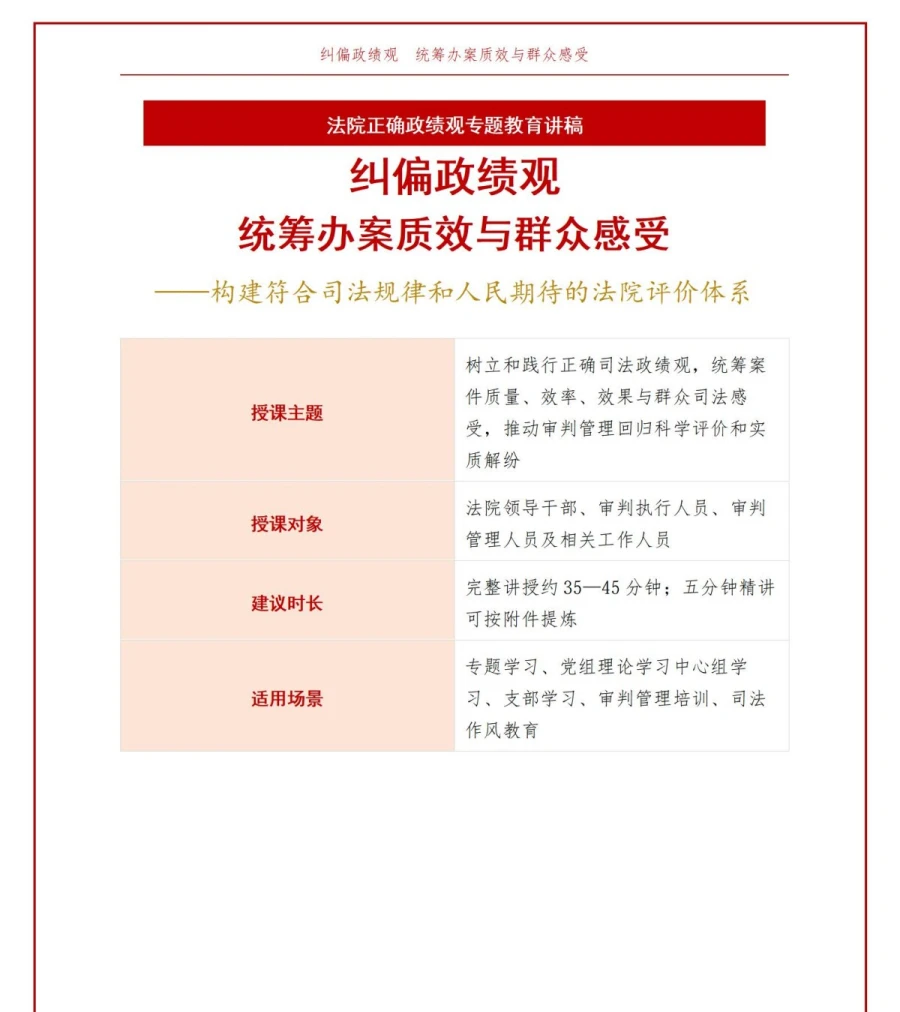 法院政绩观存在的问题PPT：办案质量效率效果与群众感受的统筹评价｜课件+讲稿讲稿预览1