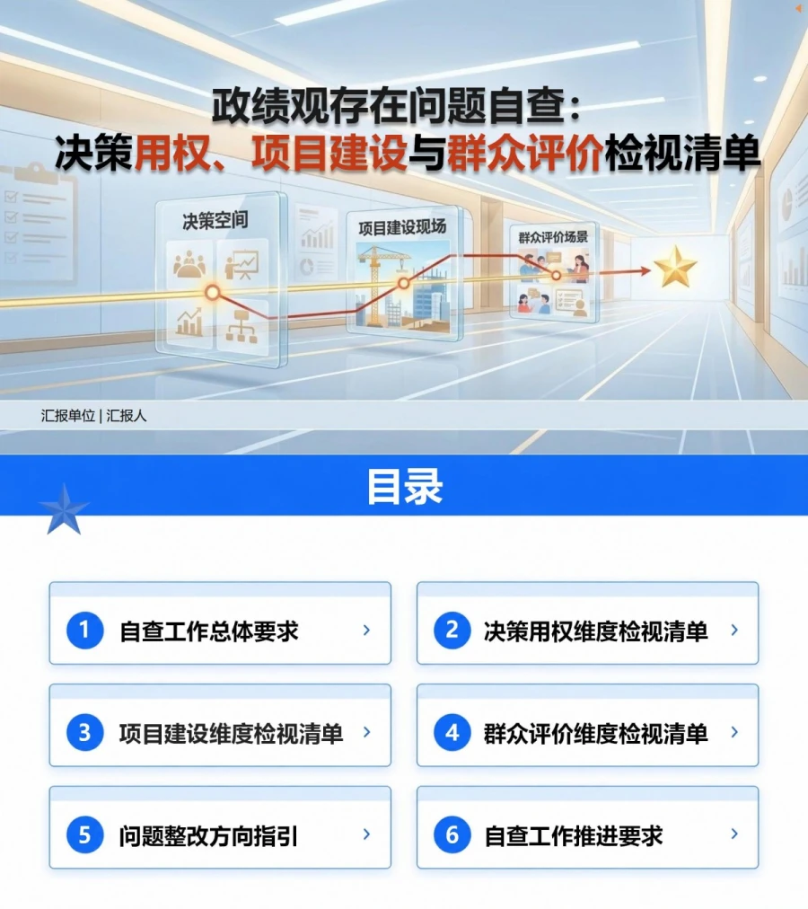 政绩观存在的问题自查PPT：决策用权项目建设与群众评价的检视清单｜课件+讲稿封面图1