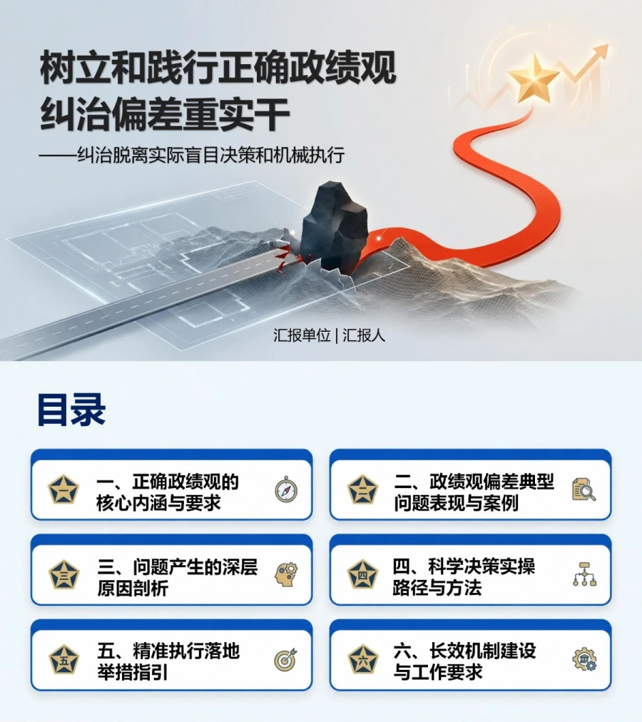 政绩观偏差不实事求是PPT：纠治脱离实际盲目决策和机械执行｜课件+讲稿封面图1