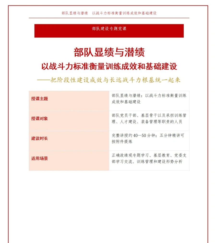 部队显绩与潜绩PPT：以战斗力标准衡量训练成效和基础建设｜课件+讲稿讲稿预览1