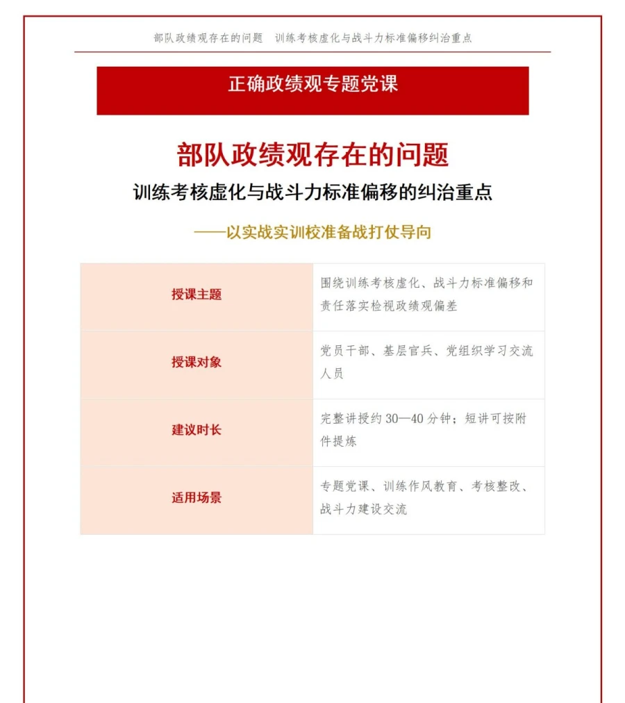 部队政绩观存在的问题PPT：训练考核虚化与战斗力标准偏移的纠治重点｜课件+讲稿讲稿预览1