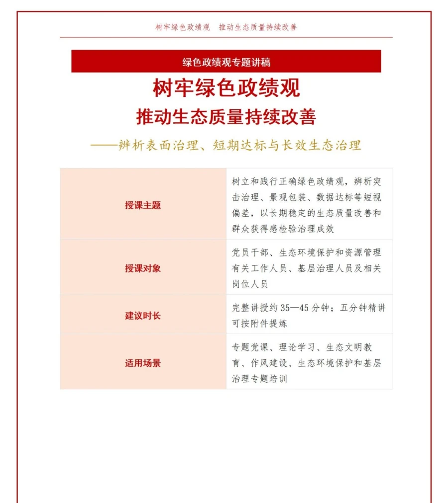 绿色政绩观存在的问题PPT：表面治理短期达标与生态质量改善的辨析｜课件+讲稿讲稿预览1