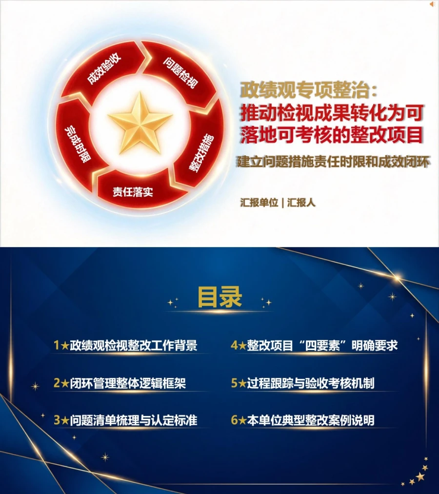 政绩观检视整改措施PPT：建立问题措施责任时限和成效闭环｜课件+讲稿封面图1