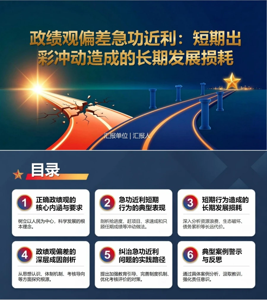 政绩观偏差急功近利PPT：短期出彩冲动造成的长期发展损耗｜课件+讲稿封面图1