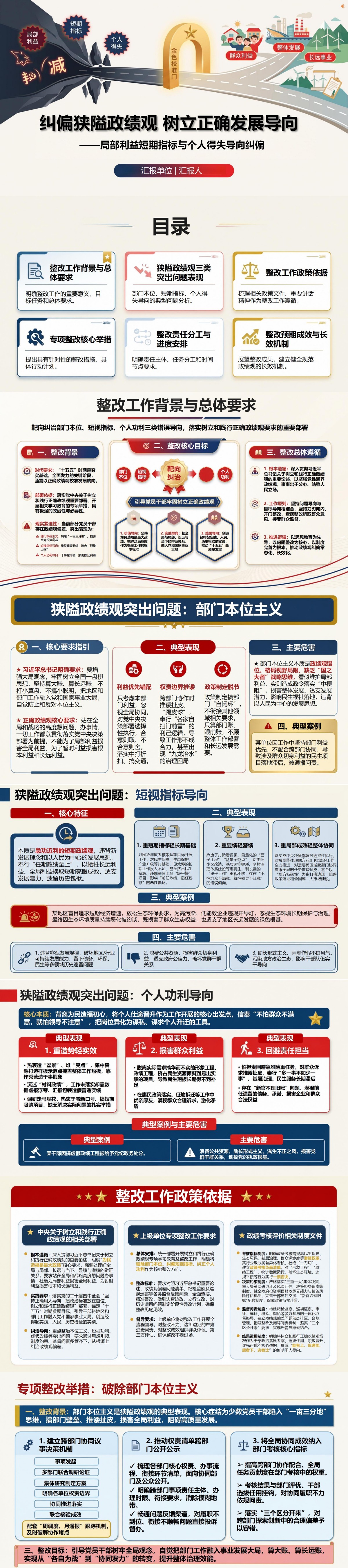 政绩观狭隘整改措施PPT：局部利益短期指标与个人得失导向纠偏｜课件+讲稿封面图1
