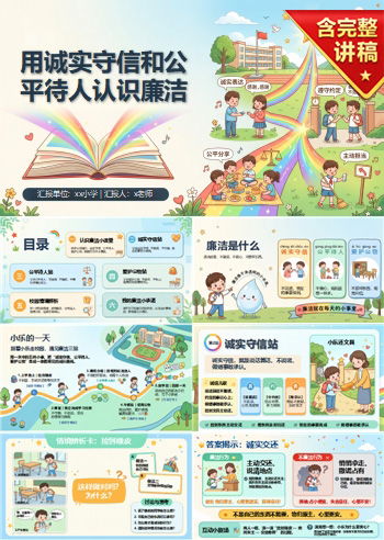小学生廉洁教育内容PPT：用诚实守信和公平待人认识廉洁｜课件+讲稿