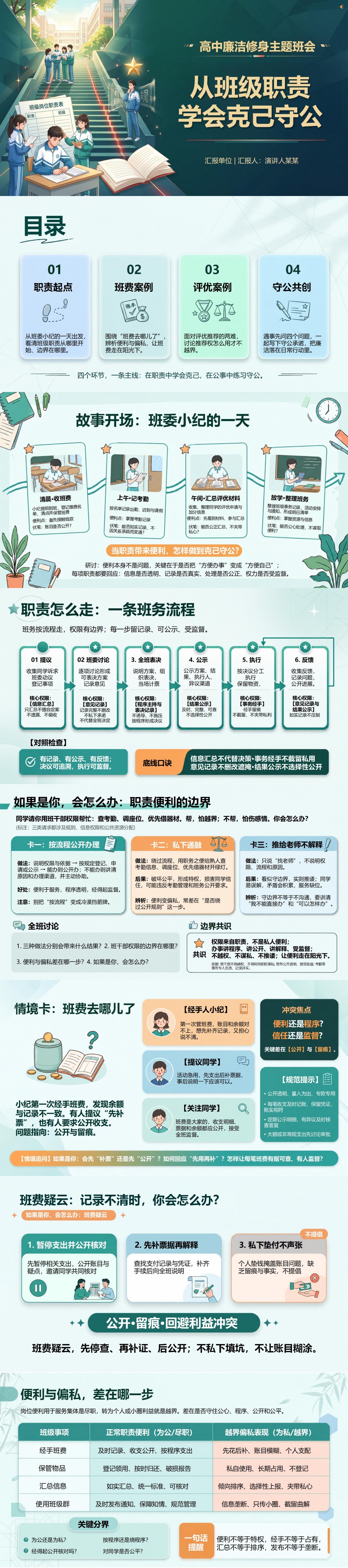 高中廉洁修身主题班会PPT：从班级职责学会克己守公｜课件+讲稿封面图1