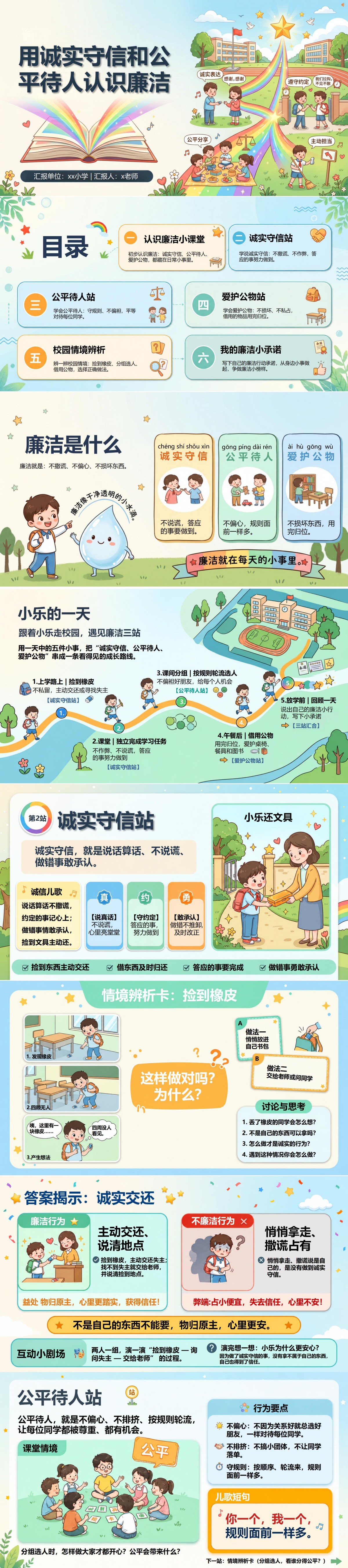 小学生廉洁教育内容PPT：用诚实守信和公平待人认识廉洁｜课件+讲稿封面图1
