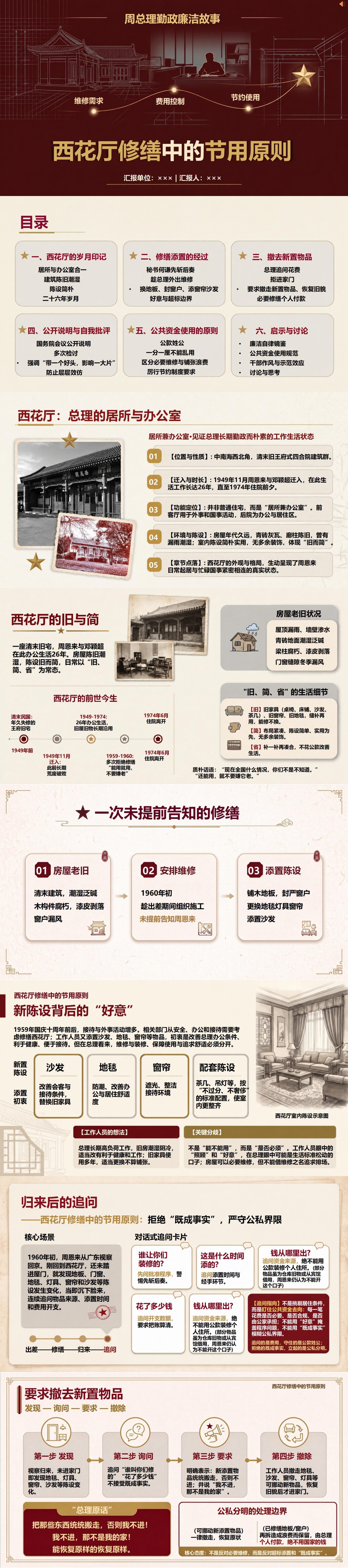 周总理勤政廉洁故事PPT：西花厅修缮中的节用原则｜课件+讲稿封面图1