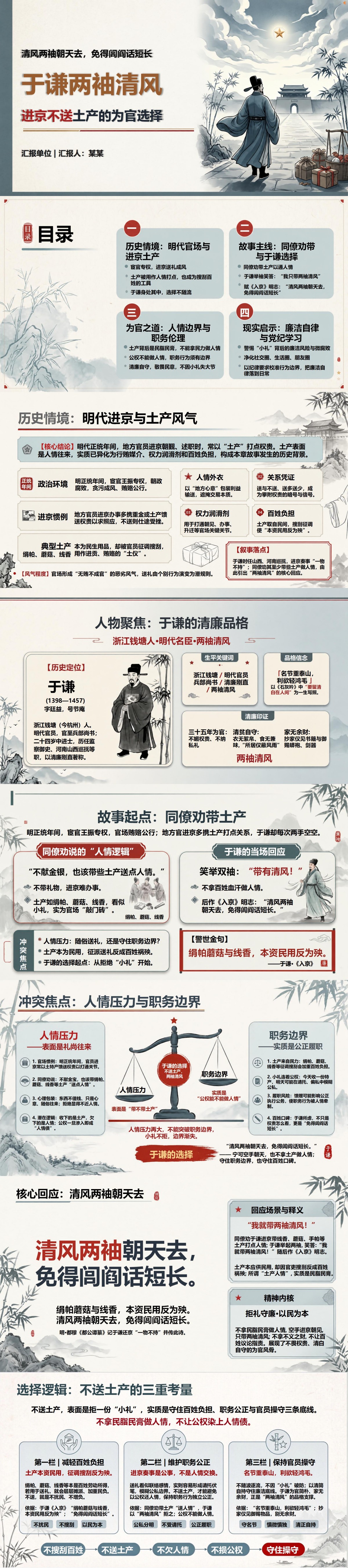 于谦两袖清风廉洁故事PPT：进京不送土产的为官选择｜课件+讲稿封面图1