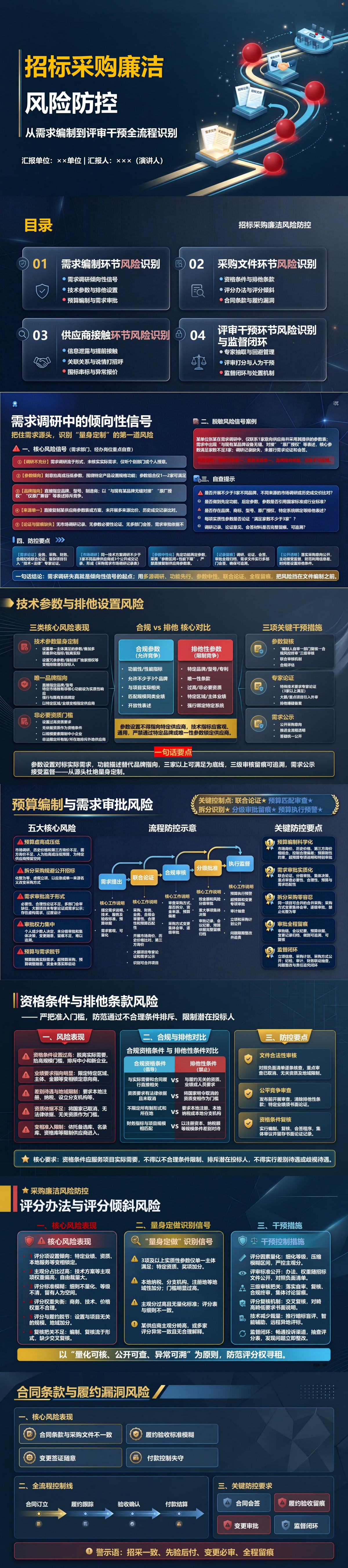 招标采购廉洁风险点PPT：从需求编制到评审识别干预环节｜课件+讲稿封面图1